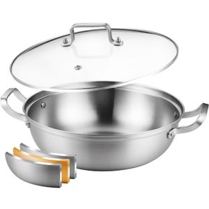 Delarlo Tri-Ply Stainless Steel 12 inch Everyday Pan with Glass Lid, Deep Saute Pan, Kitchen Everything Pan, High Side Chef's Pans, Induction Cooking Pot, Dishwasher Safe, 4QT Stock Pot Up To 600