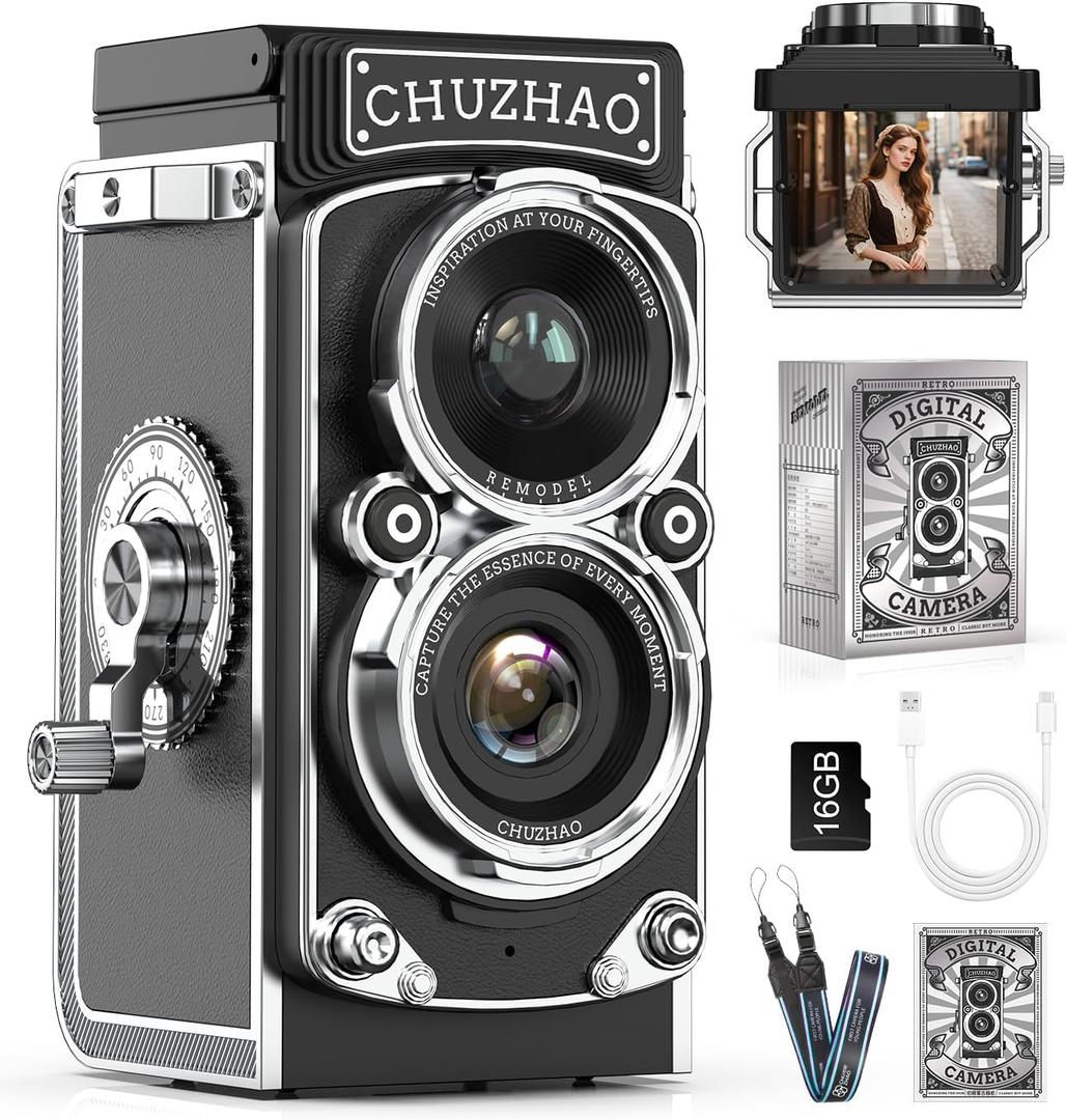 CHUZHAO Retro TLR Style Digital Camera, Vintage Mini Point and Shoot with 1080P FHD Video, 12MP Autofocus, Pocket Travel Camera with 16GB Card, Gift for Kids Teens Adults (Black)