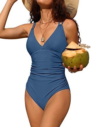 Charmo Tummy Control One Piece Swimsuits for Women Ruched Bathing Suits Strappy V Neck Monokini, Size Medium