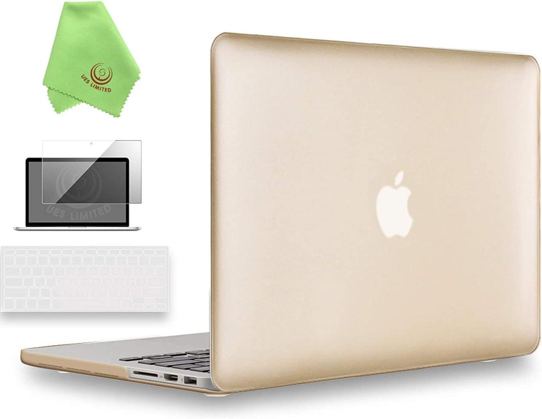 UESWILL 3 in 1 Luxury Gold Hard Case Compatible with MacBook Pro (Retina, 15 inch, Mid 2012/2013/2014/Mid 2015), Model A1398, NO CD-ROM, NO Touch Bar + Keyboard Cover and Screen Protector, Gold (MacBook Pro 15" Retina A1398)