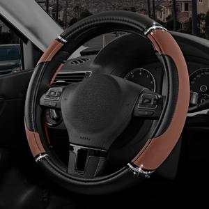 Road Comforts Leather Steering Wheel Cover - Made with PVC Leather - Anti-Slip, Universal Fit 14 1/2 inches to 15 inches - Brown