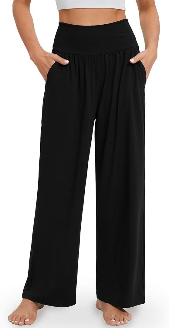 Gracyoga Wide Leg Yoga Pants for Women Casual Loose Cozy Sweatpants High Waisted Lounge Pajama Flowy Pants With Pockets (Black, L)