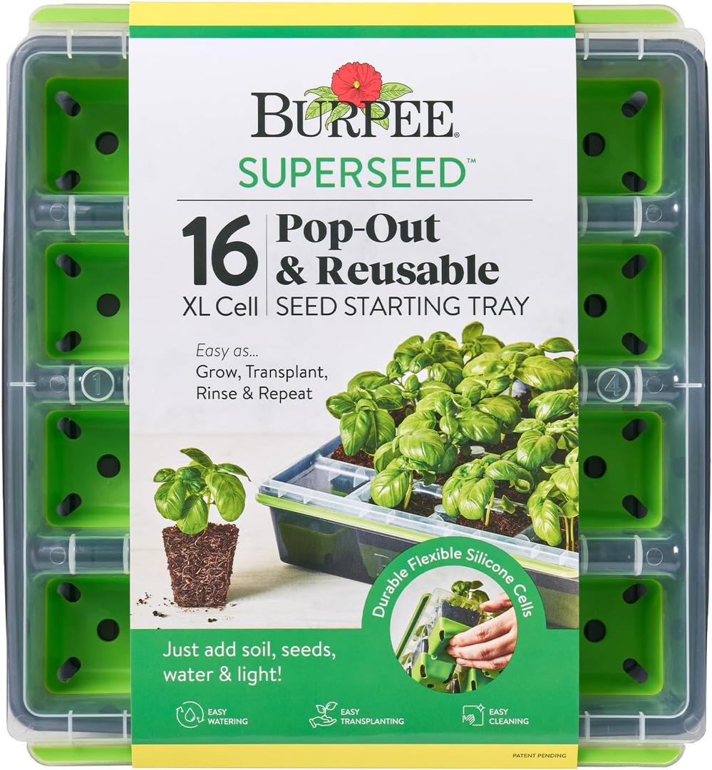 Burpee SuperSeed Seed Starting Tray | 16 XL Cell | Reusable & Dishwasher Safe | for Starting Vegetable Seeds, Flower Seeds & Herb Seeds | Indoor Grow Kit for Deep-Rooted Seedlings, Green (16 XL Cells)