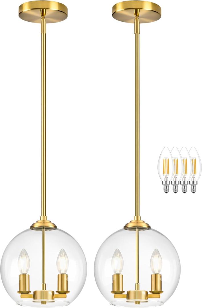 10" Gold Pendant Lights 2 Pack Glass Globe Pendant Light Fixture Bedroom Mid Century Modern Pendant Lighting Brass Pendant Light for Kitchen Island Bedroom Living Room (Bulb Incl.)