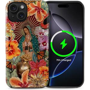 Case for iPhone 15 Plus [Compatible with MagSafe], Matte Soft Silicone + Hard PC Anti-Scratch Shockproof Protective 2-in-1 Case for Women Men - Virgin Mary Flower Collage