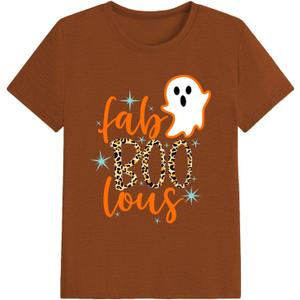 Halloween Shirts Women Boo Leopard Ghost T-Shirt Halloween Spooky Season Tee Tops (Brown, XL)
