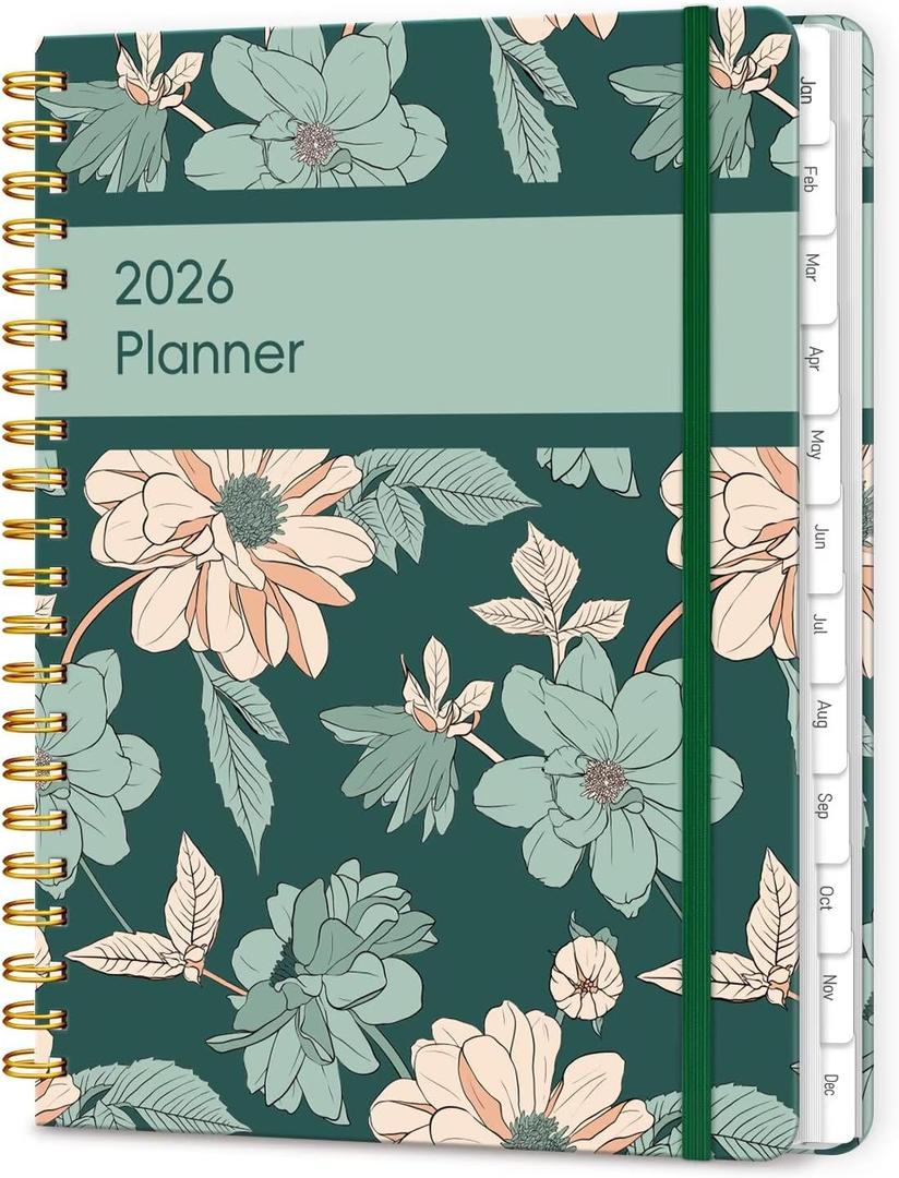 2026 Planner, A5 Weekly and Monthly Planners with Tabs, Spiral Bound Daily Calendar 2026 Planner, Agenda Organizers from Jan. to Dec., Hardcover Habit Tracker Journal 6.18" x 8.5" (Green Flower)
