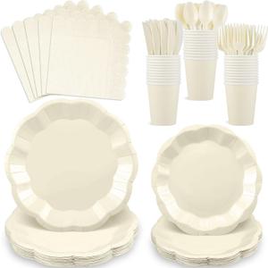 175 Pcs Ivory Plates and Napkins Set, 25 Guest Ivory Party Supplies Include Scalloped Plate Paper Napkin Cup Fork Knives Disposable Plastic Cutlery for Birthday Wedding Baby Shower Party