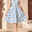 RoseSeek Girl's Floral Print Bowknot Backless A Line Dresses Ruffle Cap Sleeve Cute Knee Length Dress (Blue and White, 11Y)