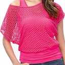 WILDPARTY Women's Casual Sexy Off Shoulder T-Shirt 80s 90s Outfit 80's Costume Fishnet Neon Shirt Summer Short Sleeve 3 XL