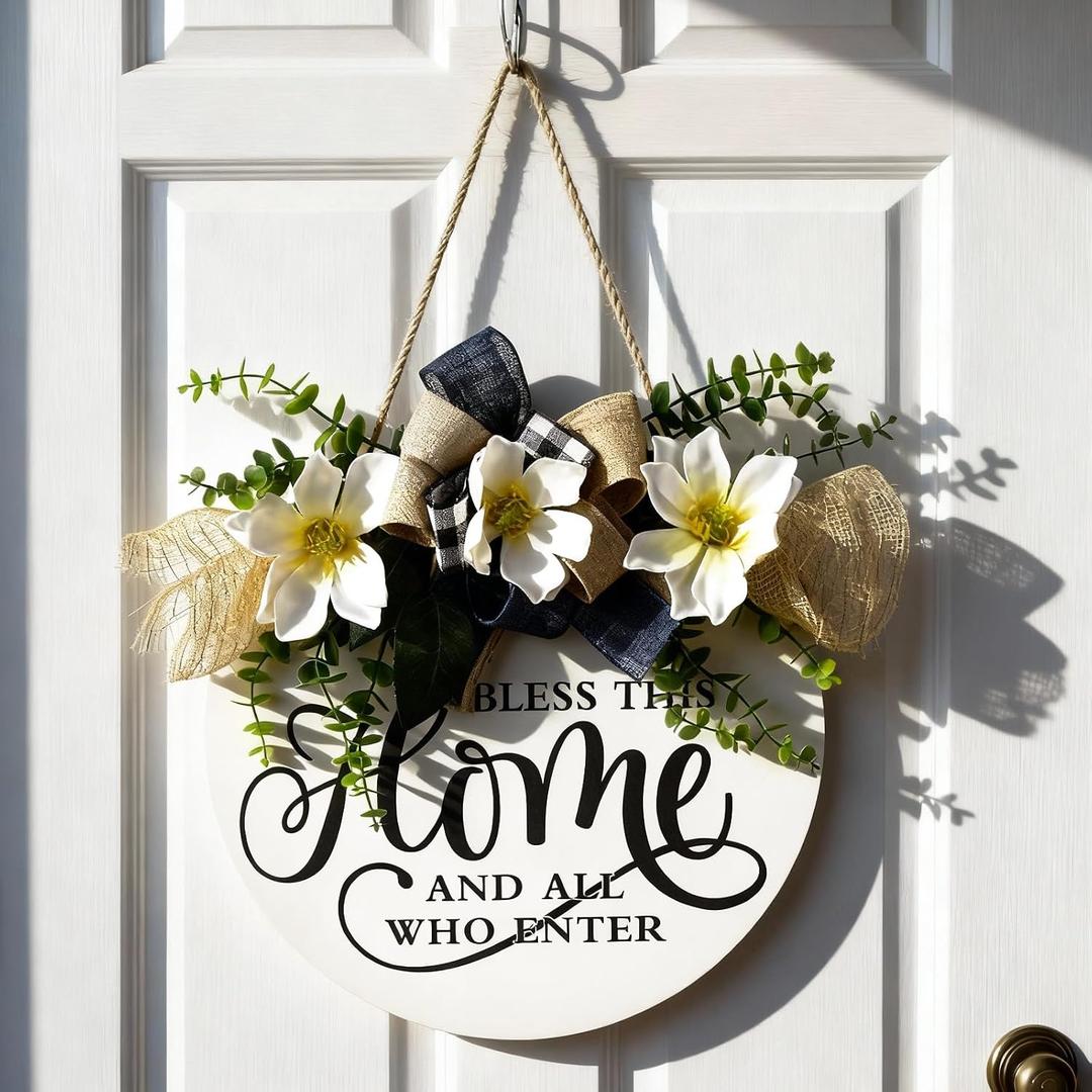 Kathfly Bless This Home and All Who Enter Wooden Front Door Sign Welcome Sign for Front Door Magnolia Spring Wreath 12 Inch Christian Home Decor Jesus Round Rustic Wall Hanging Decor for Spring Summer