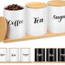 Coffee Tea Sugar Container Set with Tray, Set of 3 Airtight Metal Canister with Bamboo Lids, Farmhouse Kitchen Counter Organizer for Coffee Bar and Drink Station (White)