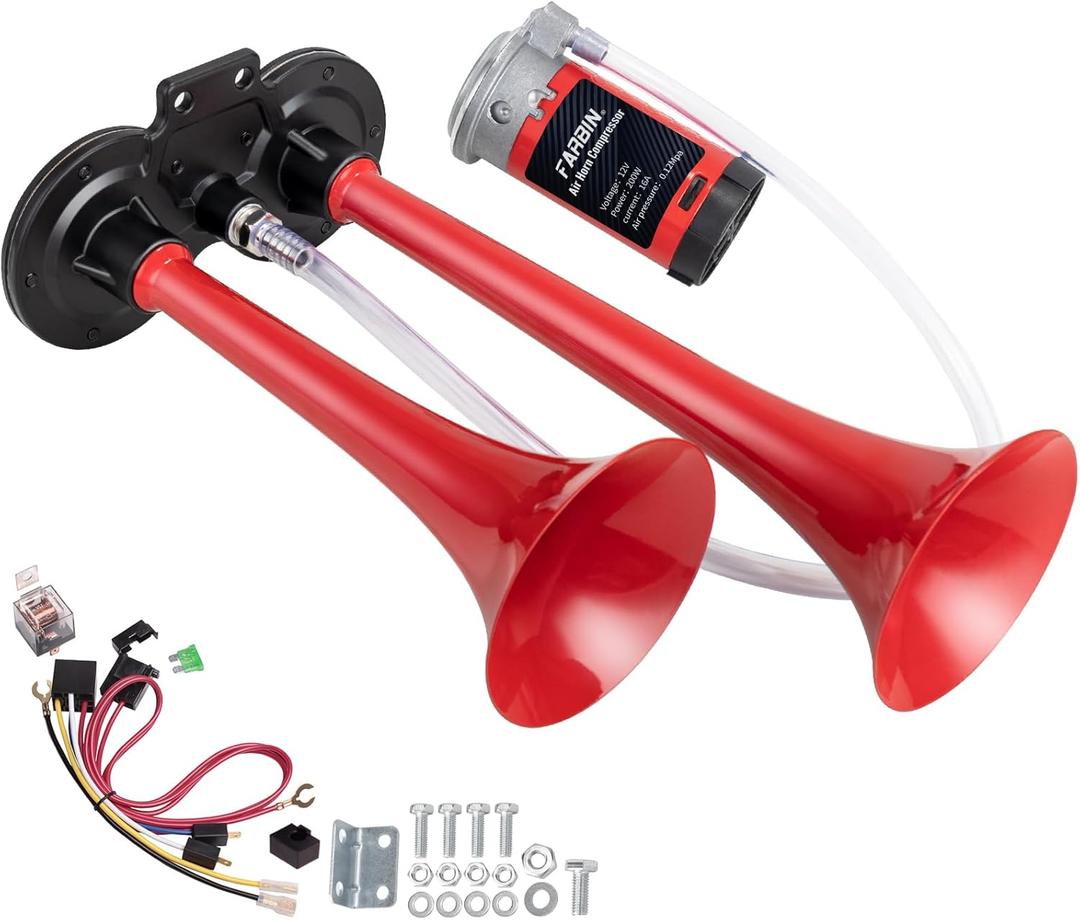 FARBIN Train Horn for Car Super Loud Air Horn 12V 150db Dual Trumpet Truck Horns Kit with Compressor and Button for Any Vehicles Cars Lorries Vans (Red)