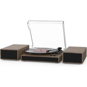 Vinyl Record Player with Dual Stereo Bookshelf Speakers Vintage Turntable with Bluetooth Wireless Playback Belt Drive 3-Speed Playback Record Player Support RCA Out Auto Stop