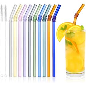 10 Pcs Reusable Bent Colored Glass Straws,8''x8 mm Shatter Resistant Cute Drinking Straws with 2 Cleaner Brush for 16 oz 18 oz Glass Cups and Home Drink Cups