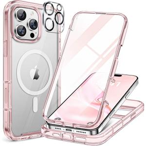 Miracase for iPhone 16 Pro Case Full-Body Phone with Built-in Glass Screen Protector, [Compatible with MagSafe] Military Drop Proof 16 Pro Cover Bumper 6.3 inch, Clear Pink