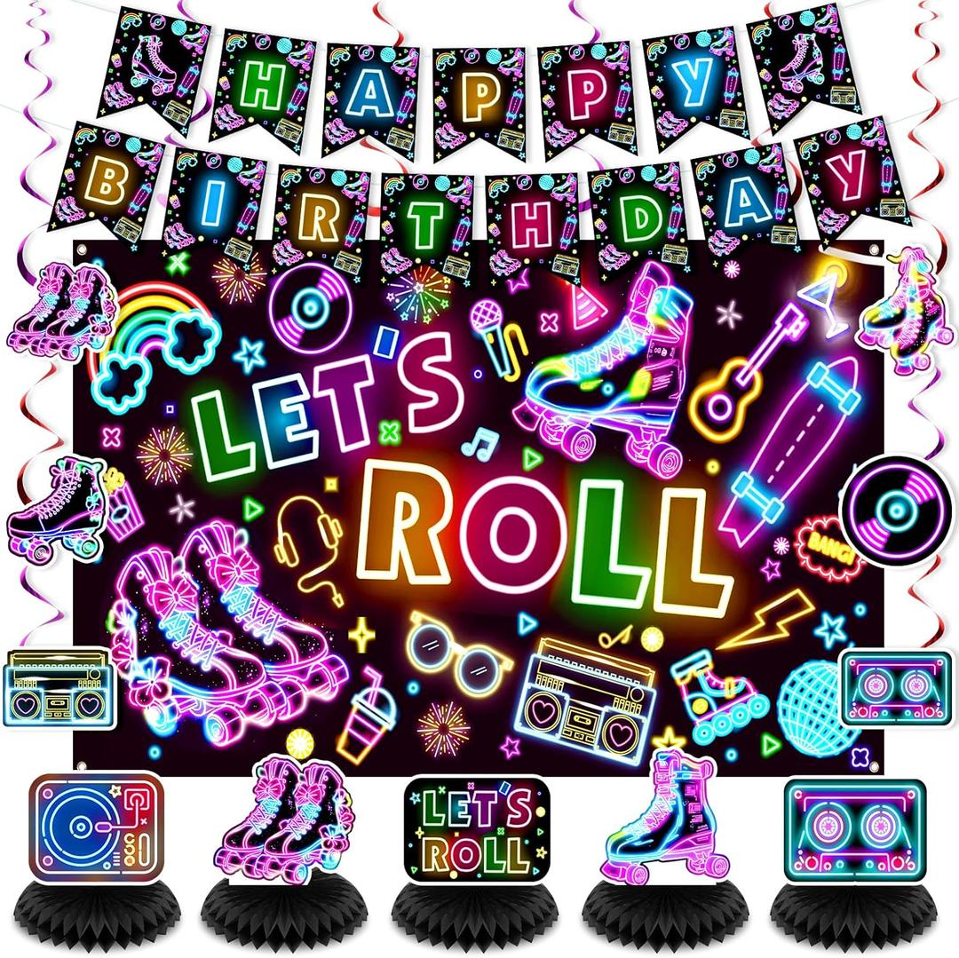 Roller Skating Party Decorations Glow Neon Happy Birthday Banner Let's Roll Backdrop Retro Roller Skating Honeycomb Centerpieces Hanging Swirl Decor for Kids Adults Hip Hop Rollerskate Party Supplies