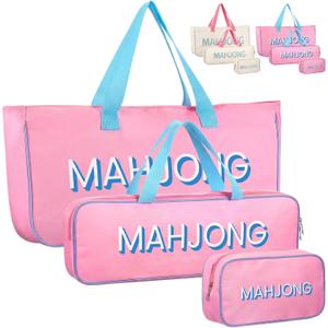 Abbylike Empty Mahjong Bag Set for Tiles and Racks Carry Bag for Mahjong Tiles with 4 Storage Compartments Tote Pouch or Mat Card Pusher Card Game Storage Gifts Accessories(Pink and Blue), 19.09 x 9.45 x 3.35 inches