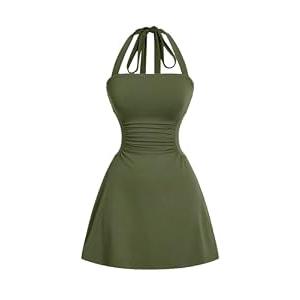 SOLY HUX Women's Summer Halter Mini Dress Backless Sleeveless Ruched A Line Graduation Dresses Sundress Back to School Plain Green Medium