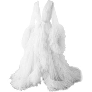 Tulle Robe Long Lingerie Bridal Dressing Gown Puffy Nightgown Photoshoot (White) M