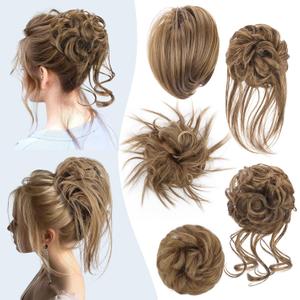 HMD 5 Pieces Messy Hair Bun Hairpiece Tousled Updo for Women Hair Extension Ponytail Scrunchies with Elastic Rubber Band Long Updo Messy Hairpiece Hair Accessories Set for Women12/24 (12/24-Light Brown mix Natural Blonde)