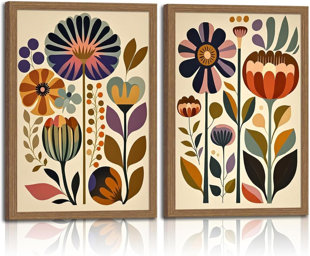 2Pcs Framed Colorful Floral Wall Art Abstract Scandinavian Flower Canvas Wall Decor Paintings, Mid Century Modern Botanical Artwork Pictures Prints for Living Room Bedroom Dining Room 16x24 In