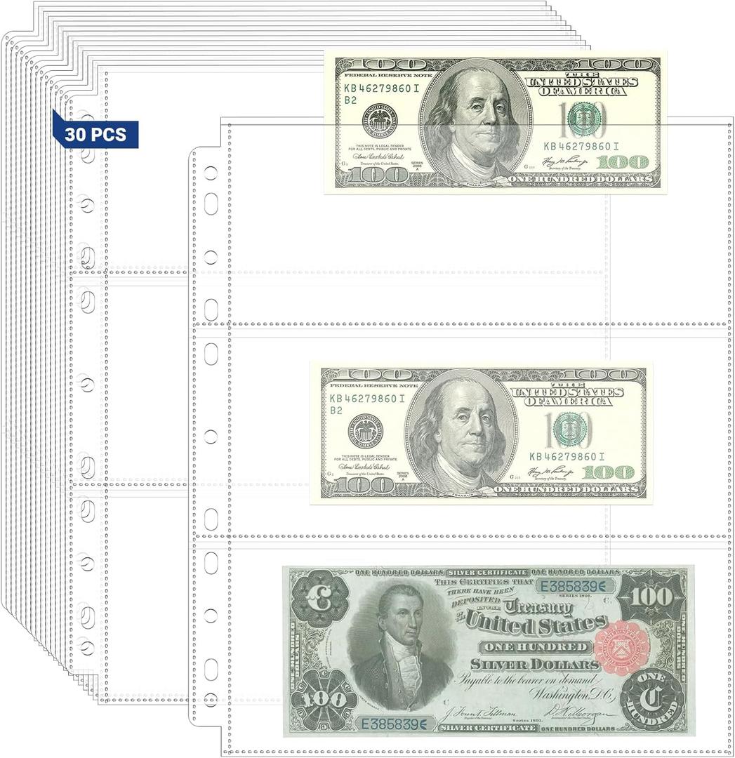90 Pockets Acid Free Currency Sleeves, Non Stick and Non Glare Dollar Bill Sleeves for Collecting Cash, Banknotes or Coupons, Fit for 3 Ring Binder Currency Album, 30 Pack