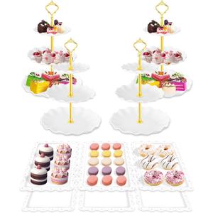 Hoedia 10 Pcs Cake Stand, Plastic Dessert Table Display Set, 4 Pcs 3 Tier Cupcake Stand Tower Holder and 6 Pcs Serving Tray for Tea Party Baby Shower Decorations, Round Wave