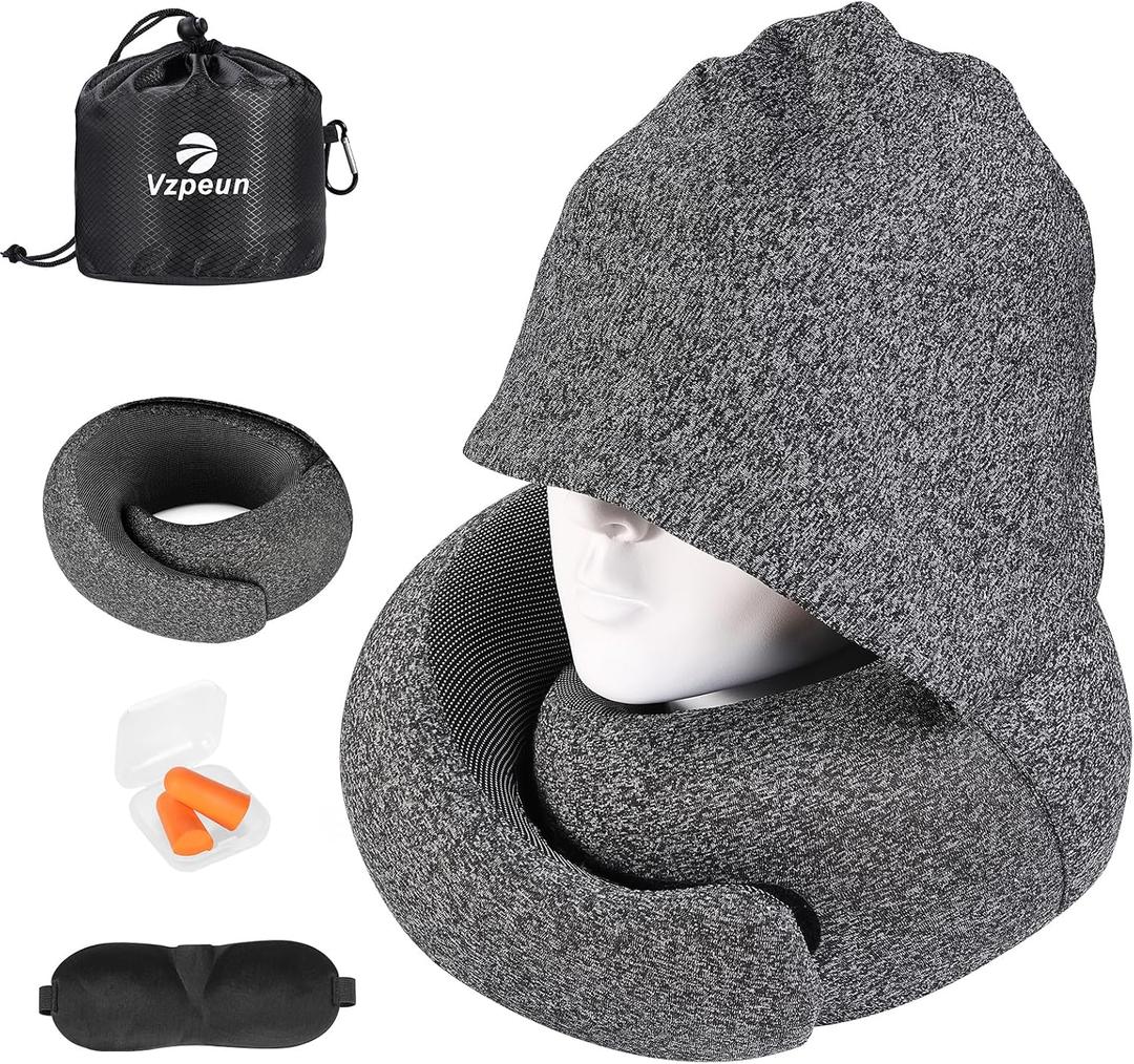 Travel Pillow - Hooded Neck Pillow Airplane Memory Foam Filling for Plane, Office, Cars Sleeping, Road Trip, Long Flights, Airplane Travel Essentials, Includes Eye Mask & Earplugs (Dark Gray)