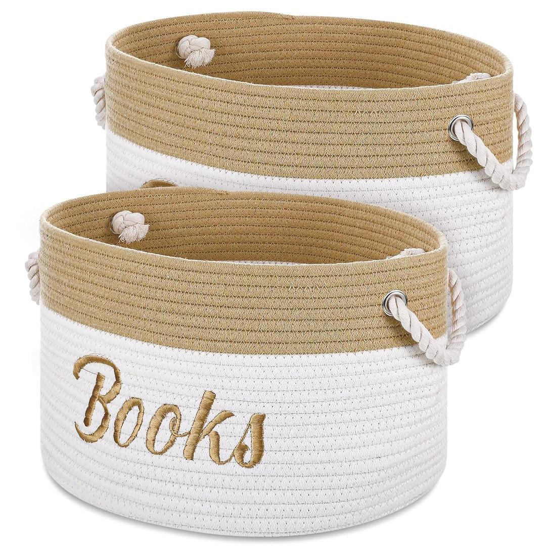 Blushtier 2 Pack Baby Book Baskets for Nursery Embroidered Book Storage Bins 15 x 11 x 9 Inches Woven Cotton Rope Baskets for Book Toy Organizer Storage Room Classroom