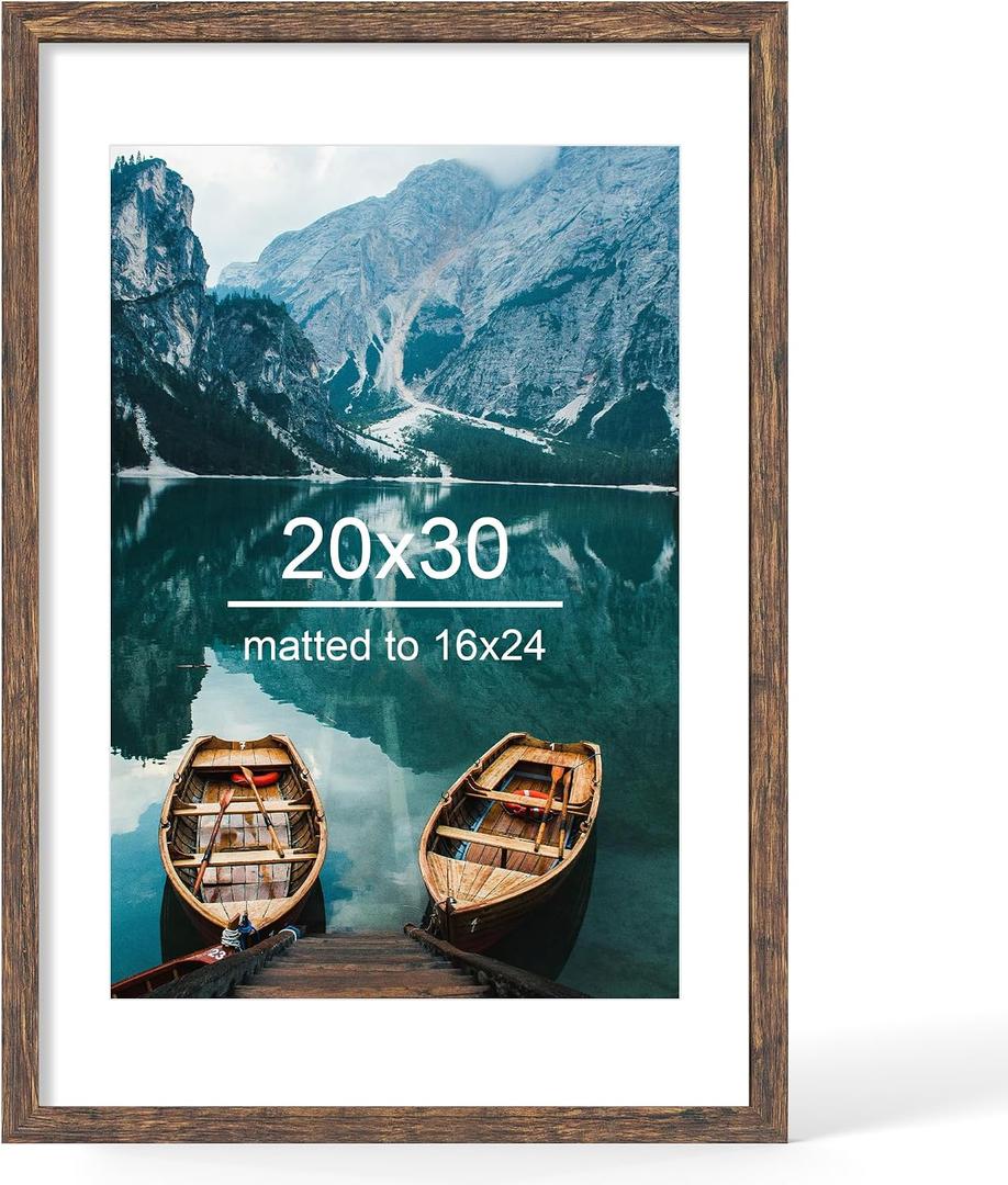 Hongkee 20x30 Frame, Rustic Brown Wood Style - Display Posters 16 x 24 with Mat or 20x30 without Mat, Wall Mounting Horizontal and Vertical, 1 Pack