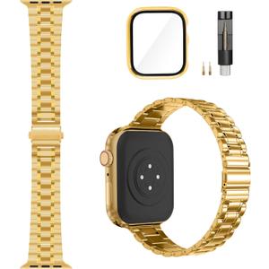 Solid Stainless Steel Band Compatible with Apple Watch 38mm 40mm 41mm 42mm 44mm 45mm, Bands with Screen Protector for iWatch Series 9/8/7/6/5/4/3/2/1/SE Women and Men (gold)