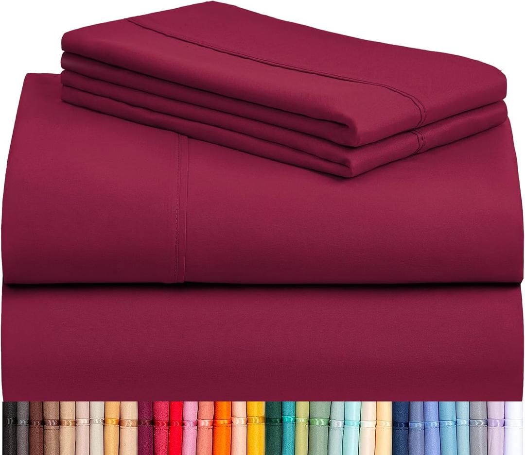 LuxClub 4 PC Queen Sheet Set, Breathable Luxury Bed Sheets, Deep Pockets 18" Wrinkle Free Cooling Sheets Machine Washable Hotel Bedding Silky Soft - Burgundy Queen