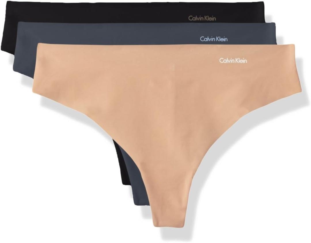 Calvin Klein Women's Invisibles Seamless Thong Panties, 3 Pack (Large, Speakeasy/Light Caramel/Black)
