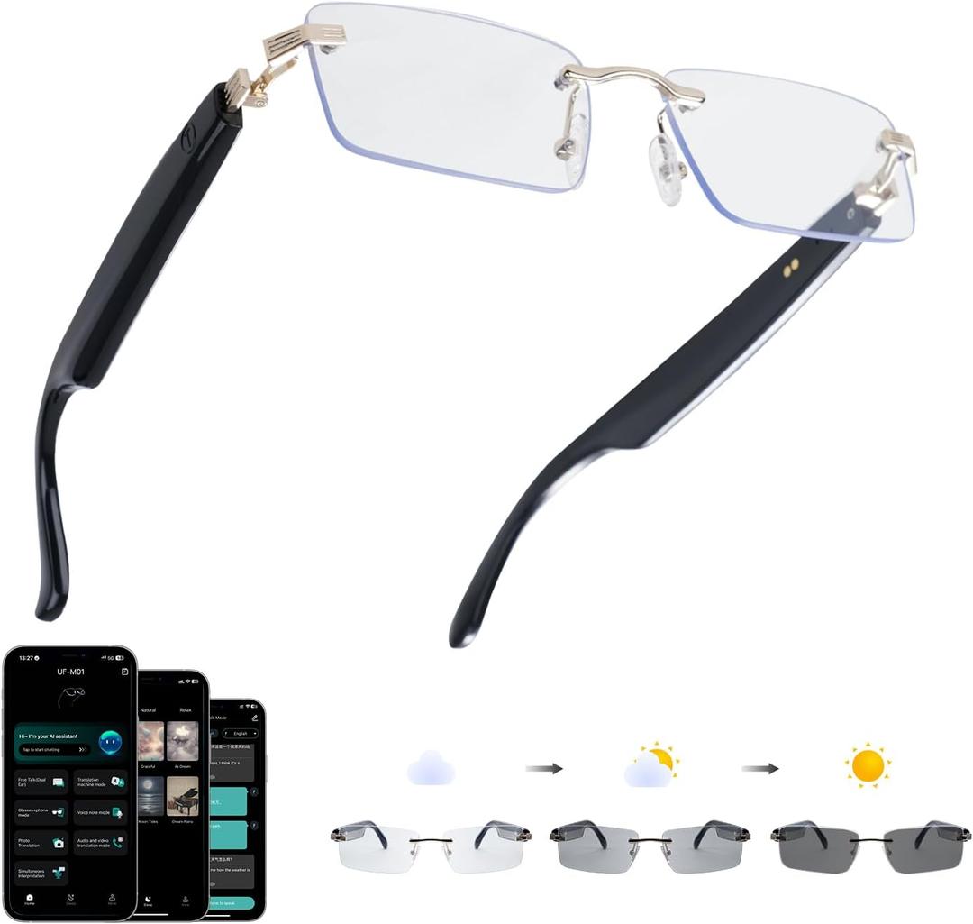 AI Translation Glasses, Bluetooth Eyeglasses with Real-Time Translator for 164 Languages, Photochromic Spring Hinge Bluetooth Glasses with Speakers, Rimless Smart Glasses for Travel/Work/Study(Gold)