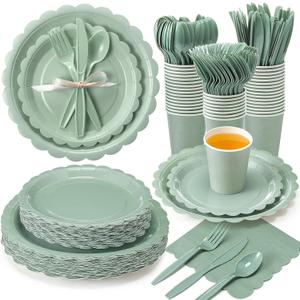 Ziliny 350 Pcs Sage Green Plates and Napkins, 50 Guest Graduation Party Supplies Include Scalloped Paper Plates Napkins Cups Plastic Spoons Forks Knives Disposable Tableware Set for Baby Shower