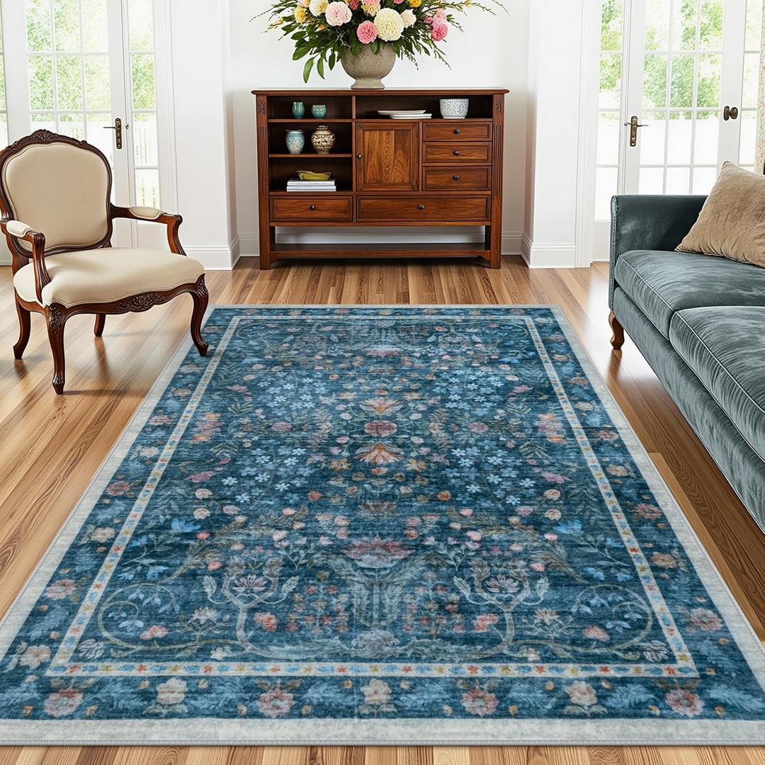 LIVEBOX Washable Rug 5x7, Soft Blue Area Rugs for Living Room, Floral Rug for Bedroom, Boho Distressed Rugs Non Slip, Low Pile Vintage Indoor Carpet for Dining Room Home Decor 