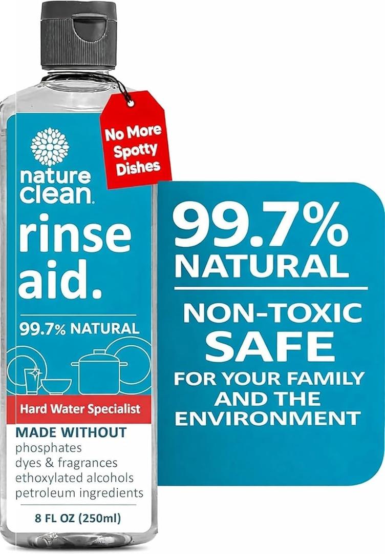 Nature Clean All Natural Dishwasher Rinse Aid Cleaner, Liquid Dishwasher Rinse Agent for Spot-Free Glass & Cutlery in Hard Water, Non Toxic Dish Washer Rinse Aid & Stain Remover, 8 oz/250ml, Pack of 1