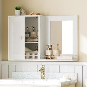 Bathroom Wall Cabinet with Mirror, Medicine Cabinet Mirror, Bathroom Wall Cabinet, Wall Mounted Home Storage, Adjustable Shelf, for Laundry Room, Bedroom, Camper, Hallway, White