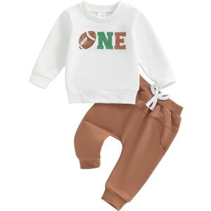 YOKJZJD Baby Boy First Birthday Outfit One Football Sweatshirt Long Sleeve T-Shirt Pants Set Fall 1 Year Old Birthday Clothes, 6-12 Months