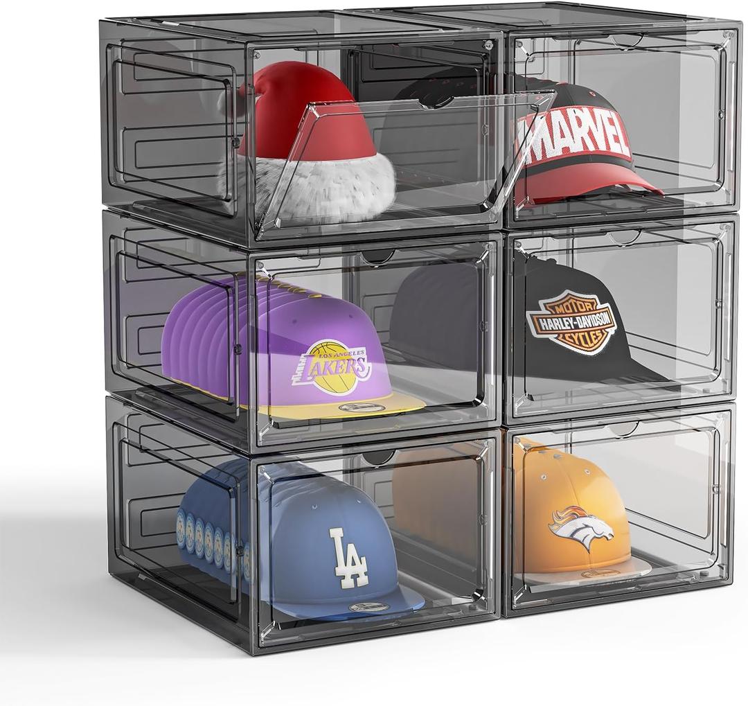Hat Organizer Box for Baseball Caps, 6 Pack Plastic Hat Storage Display Case with Magnetic Door, Hat Holder Rack for Closet, Snapback Organizer, Hold 8 Caps Each, Black