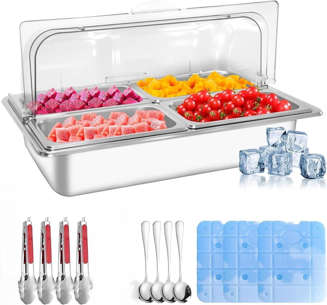 Countertop Ice Food Serving Display Tray with 4 Pan, Portable Salad Bar Buffet Station for Home, Stainless Steel Cold Food Buffet Server with Clear Roll Top Cover, 3 Ice Packs