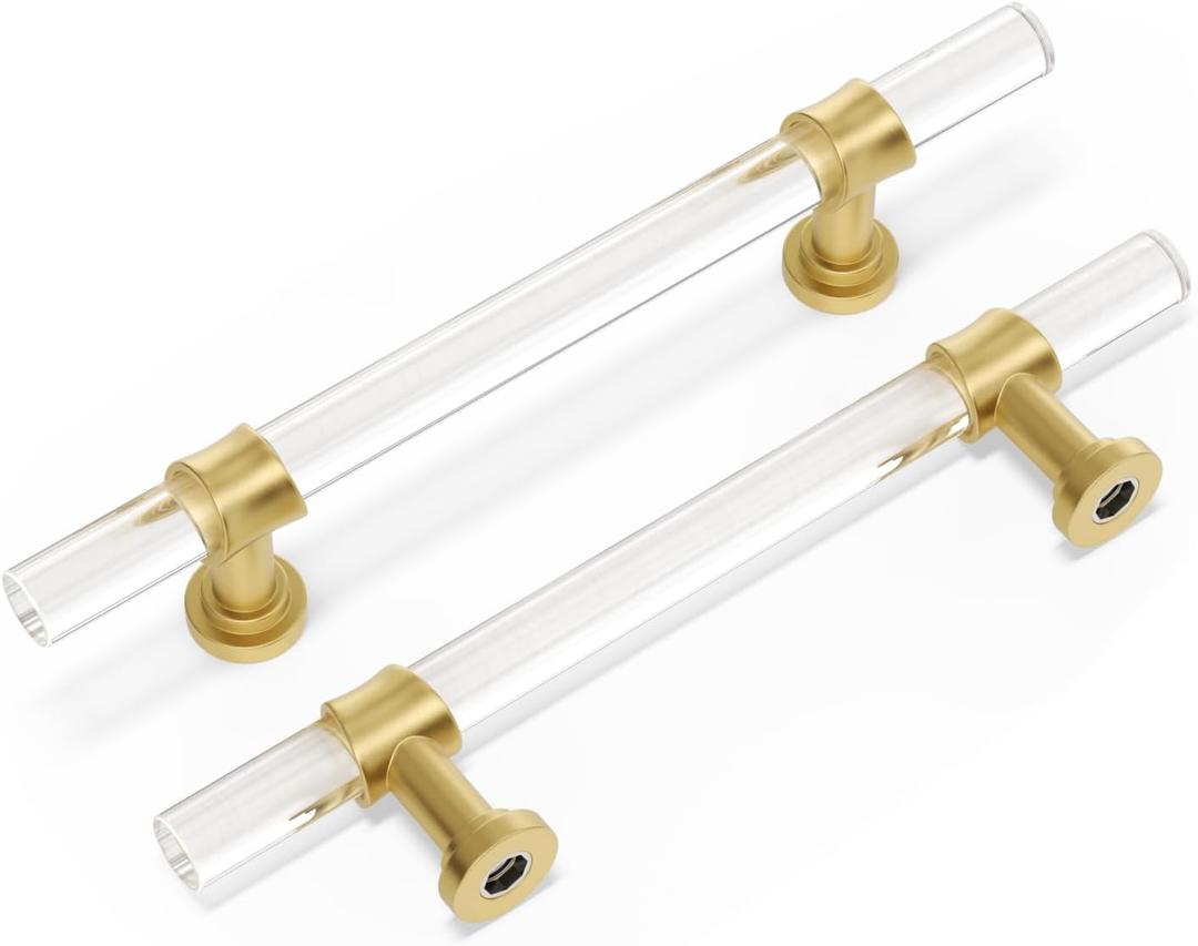 10 Pack Peaha Acrylic Drawer Pulls Brass Cabinet Pulls - PH 9165GD102 Kitchen Cabinet Pulls Brushed Brass Cabinet Hardware 4in Hole Center, 6-2/ 5 Inch Overall Length