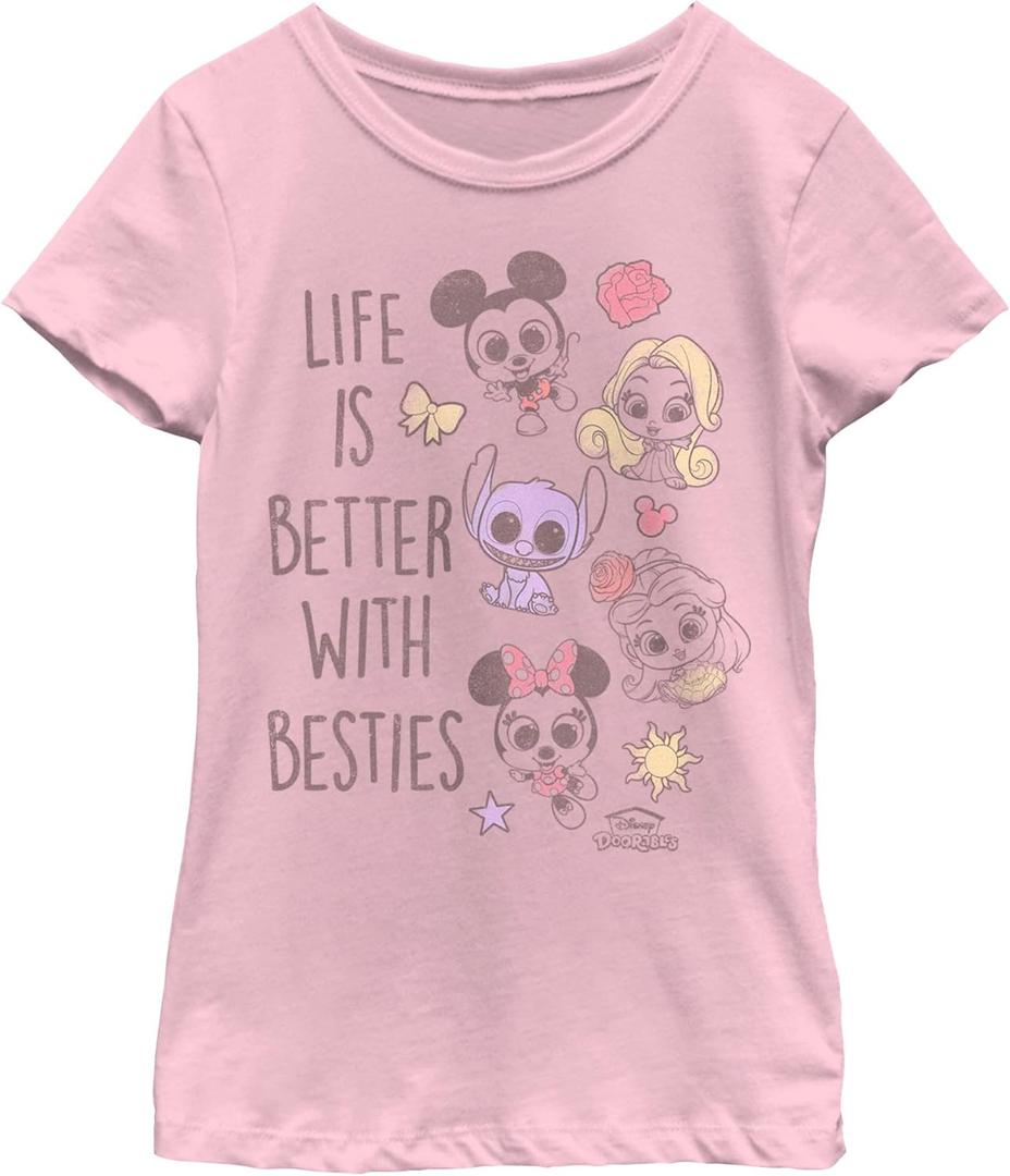 Disney Doorables Better with Besties Girls Short Sleeve Tee Shirt (X-Small, Light Pink)