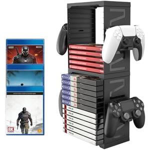 ASFSKY Video Game Storage Tower - 24 Games Video Game Organizer & Holder with 4 Controller Hooks, Universal Video Game Storage Compatible with PS5/PS4/Xbox/Switch - Gamer Gifts