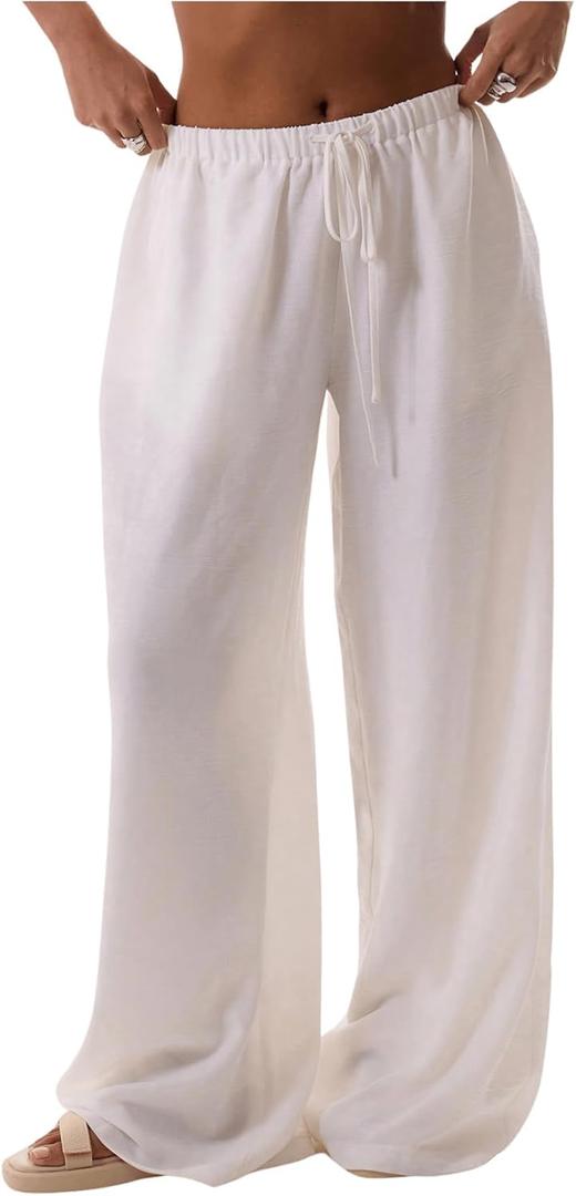 Womens Linen Pants Wide Leg Loose Cotton Swimsuit Coverups Summer Pants Beach Vacation Outfits (Large, White)