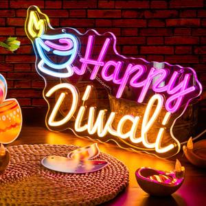 Diwali Neon Sign Festival Oil Lamp Shape LED Light Signs Backdrop Decorations for Home Neon Signs for Wall Room Bedroom Decor (Happy Diwali)