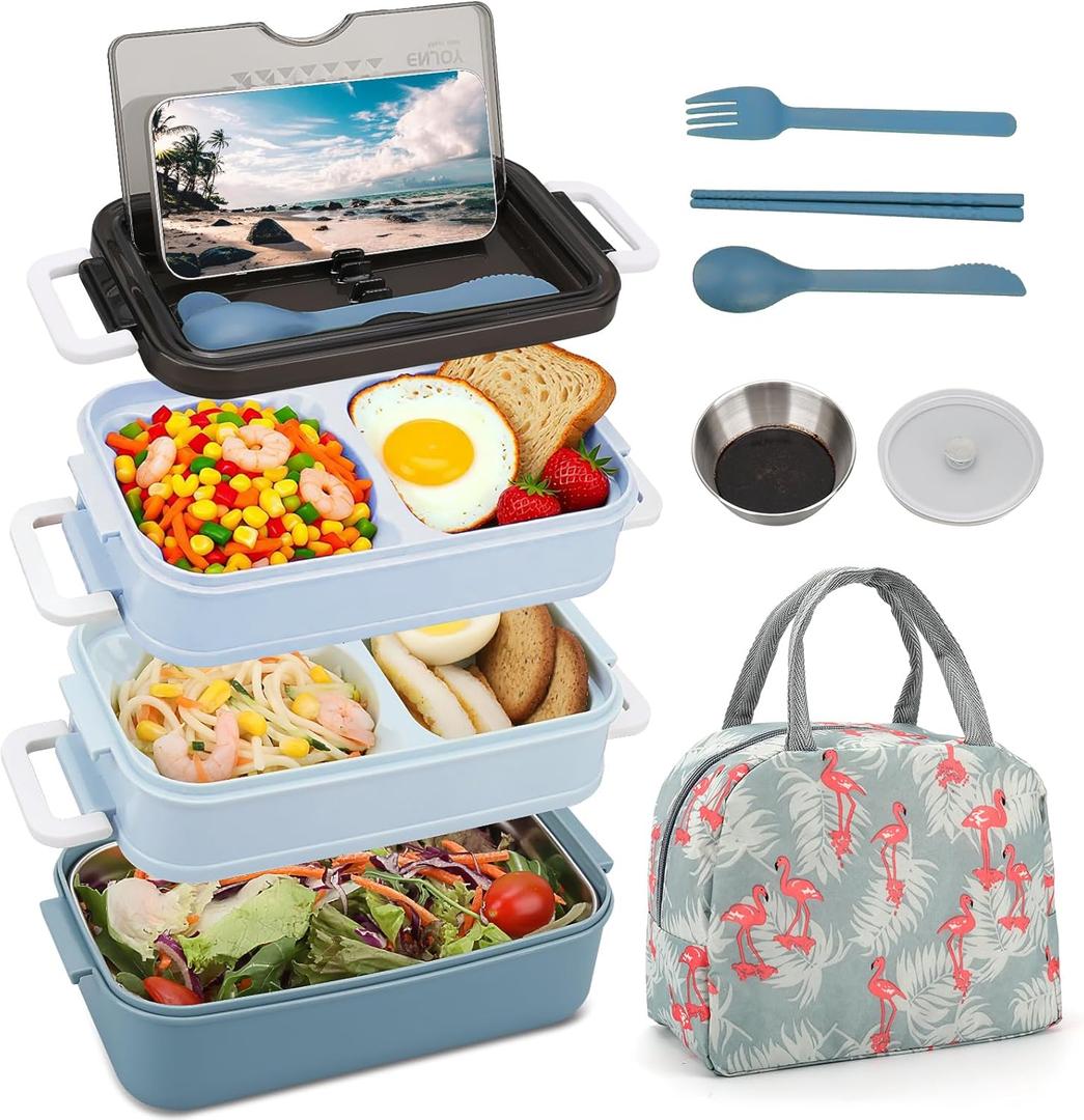 Bento Box Adult Lunch Box with Thermo Bag, 3-Tiers Adult Bento Box with Food-grade Utensil Set for Women, 60 fl-oz Large Lunchable Food Container with Sauce Container for Work, BPA-Free(Blue)