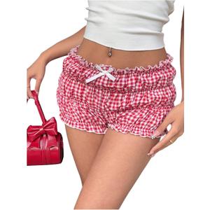 Verdusa Women's Y2K Gingham Plaid Bloomers Summer Tiered Mini Ruffle Shorts (Red, XS)