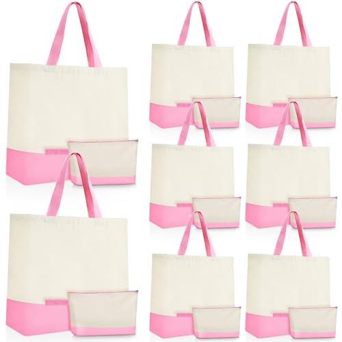 Sanwuta 16 Pcs Canvas Tote Bags Bulk with Zipper Cosmetic Pouch 18.5" Reusable Cotton Shopping Bag with Handle for DIY Craft (Pink)